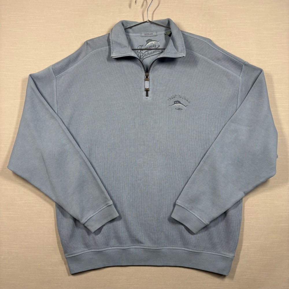 Tommy‎ Bahama Sweater Mens XL  Blue Quarter Zip Knit Relax Pullover Comfort